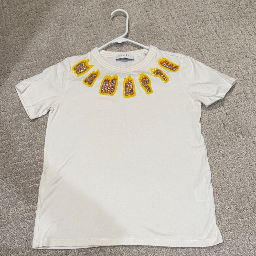 Sandro White Tee with Yellow Lettering